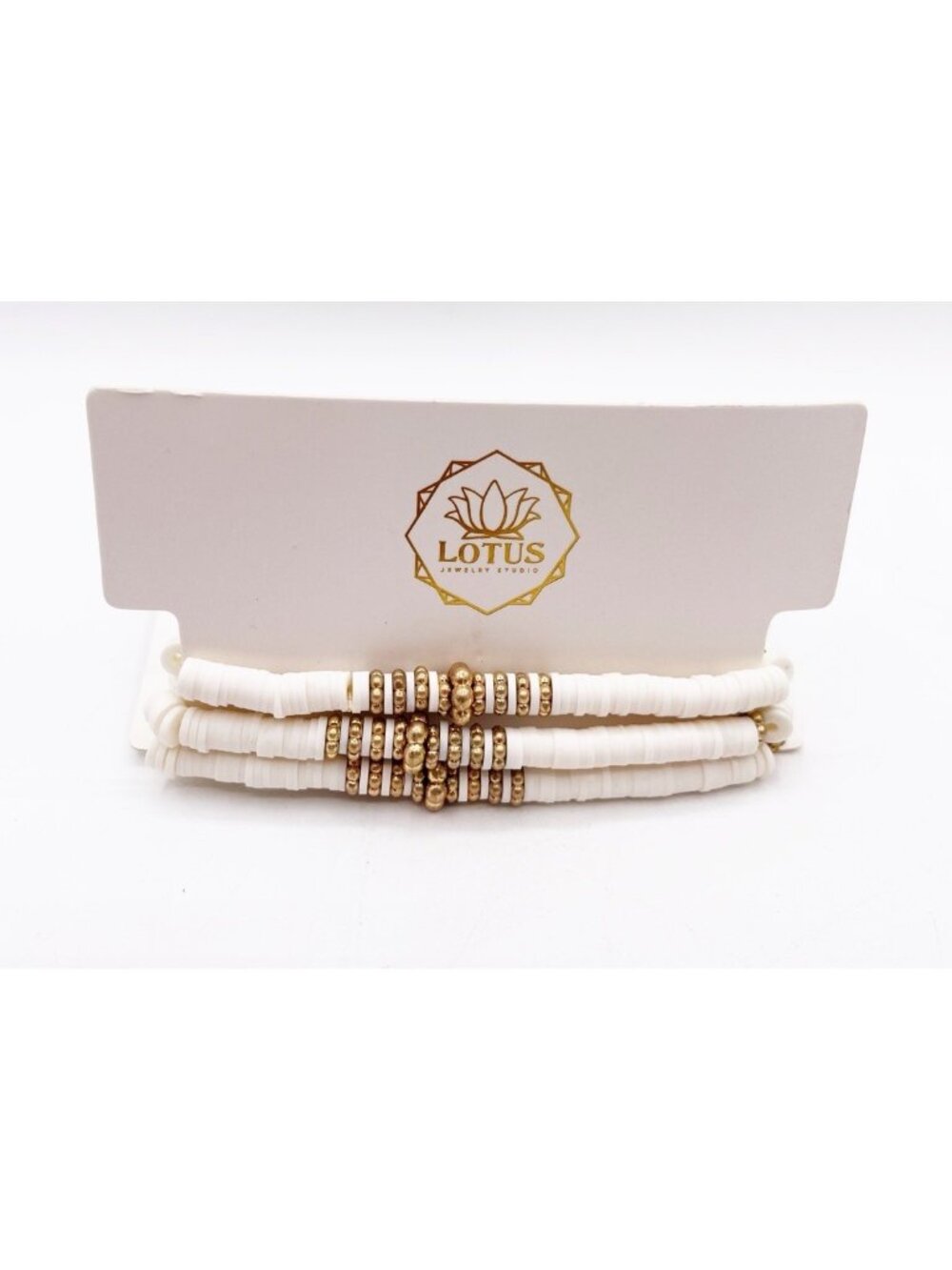 New Lotus White Acrylic Heishi Bead & Gold Accent Stretch Bracelet 3 Piece Set